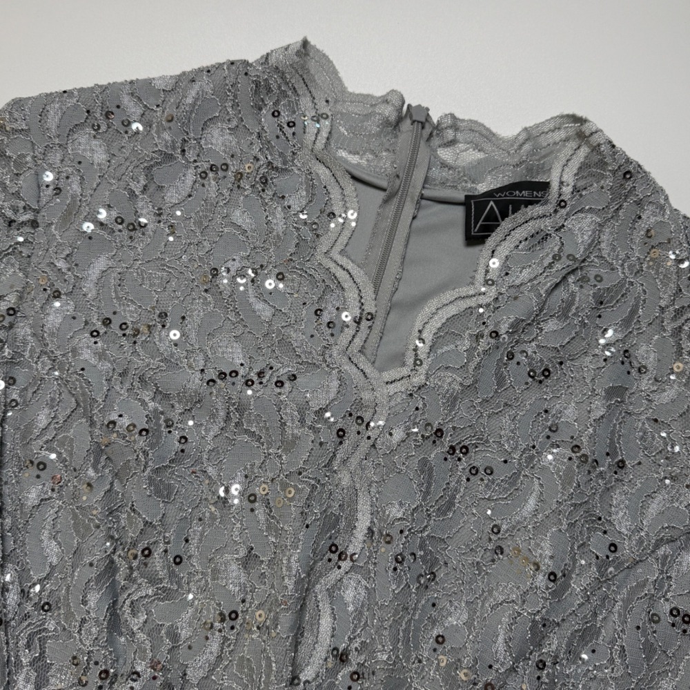 Alex Evenings Womens Blouse 1X Silver Sequin Lace Ribbon Belt Formal Party Top